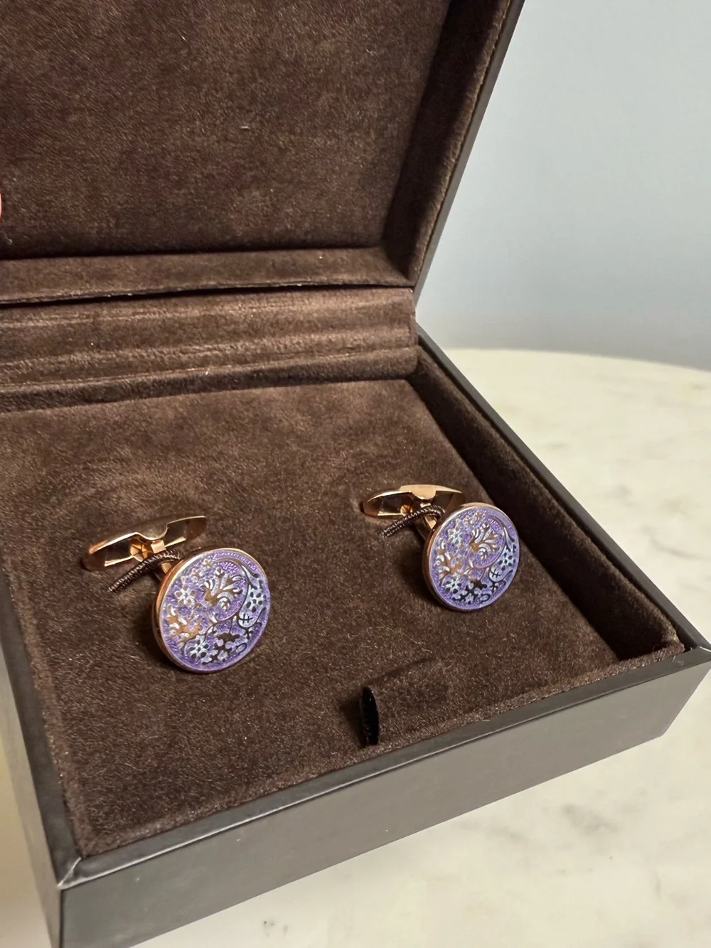 Cufflinks Paul Stuart Sterling Silver 925 Purple Enamel Floral Bird Design